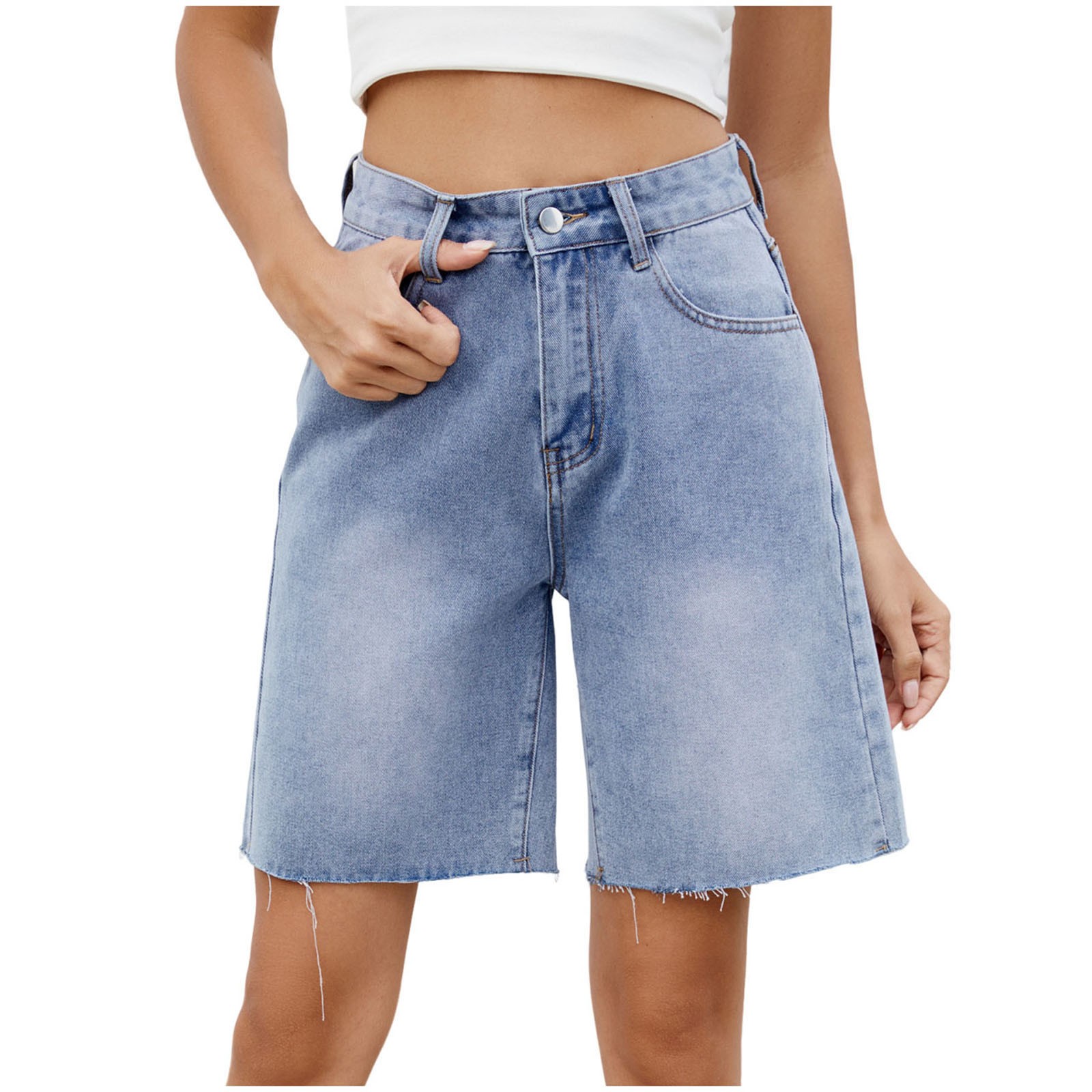 Generic Womens Front Pockets Denim Long Shorts Cargo Baggy Bermuda Jean Shorts Knee Length